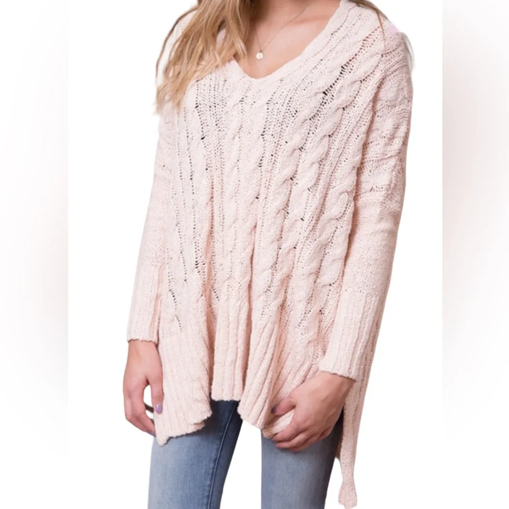 FREE PEOPLE: Easy Cable Pink Sweater -Size Large